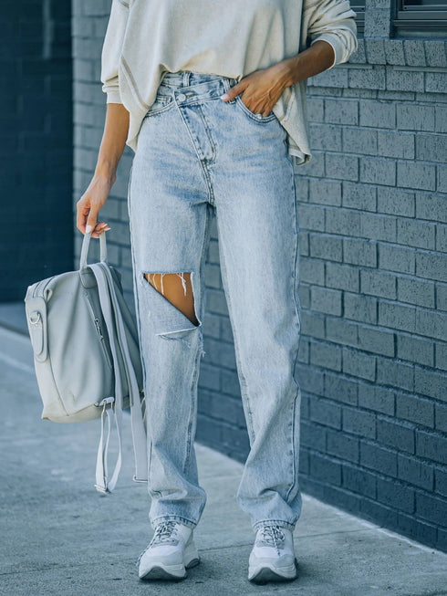 'Jemma' Asymmetric Distressed Jeans - Celes Fashion